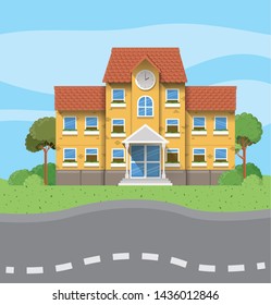 school building in the road scene