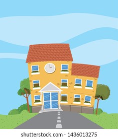 school building in the road scene