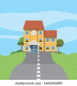 school building in the road scene