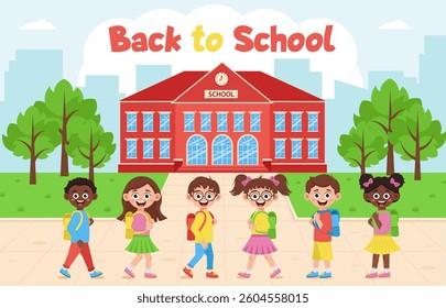 School building and schoolchildren, cityscape. Back to school. School with landscape. Background, banner.