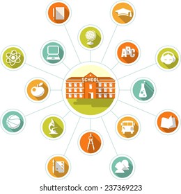 School building and set of flat icons