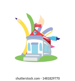 school building with set of pencils and colors supplies