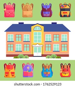 School building with set of schoolbag icons in different colors and styles. Bags for pupils or students. Green pencil and ruler, teddy bear trinket at bag. Facade front view of educational institution