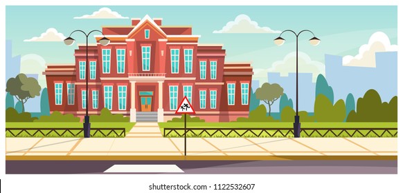 School building with small fence around. Brick building near road and warning sign. Education concept. Illustration can be used for topics like architecture, learning environment, boarding school