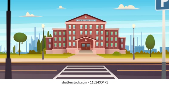  School building  with  the street. University modern concept illustration