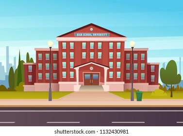  School building  with  the street. University modern concept illustration