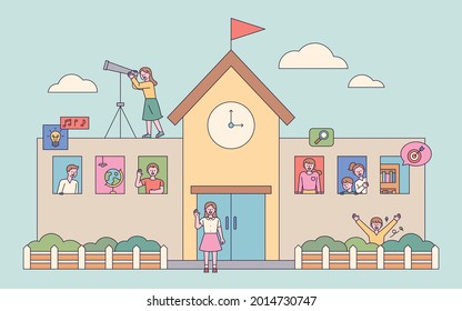 school building. Students learning around the window and school. outline simple vector illustration.