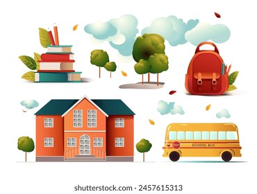 School building and studying elements vector illustrations set. Collection of drawings of student  stationery, backpack, books, school yard. Education, knowledge, science concept