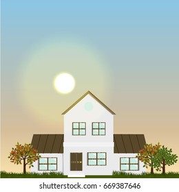 School building in the suburbs. Autumn Landscape at dawn. Urban vector landscape can be used in newsletter, brochures, postcards, banner. 