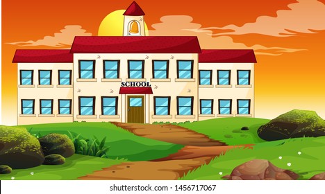 Ilustración de la escena del atardecer en el edificio escolar