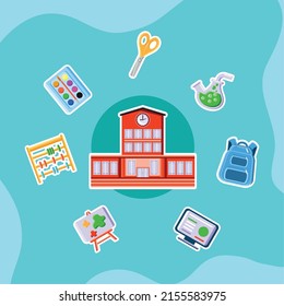 school building and supplies cartoon
