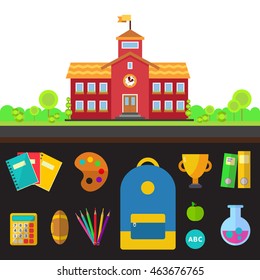 school building and supplies icon set, vector illustration.