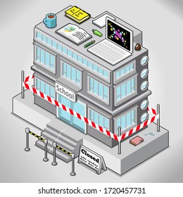 School building surrounded by barriers, signs and tape; educational equipment on roof such as laptop, books, pen and papers (isometric view, vector illustration)