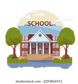 The school building is surrounded by landscape, trees. Vector graphics, education, design