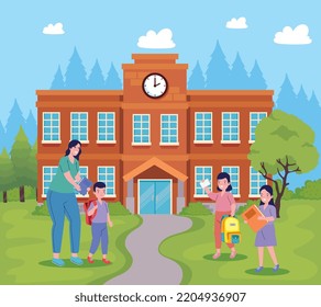 school building with teacher and kids