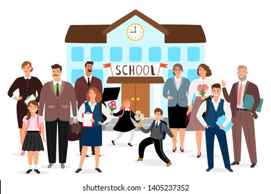 School building, teachers and students vector illustration. College building, teacher and students boy and girl
