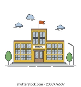 Construcción escolar con árboles aislados en un fondo blanco. Esbozar ilustración vectorial en estilo de dibujos animados.