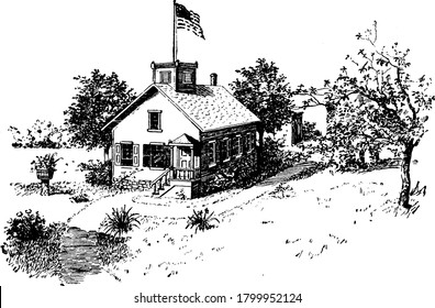 A school building with trees and plants are surrounded, building contain a flag on its top and a store on its back side, vintage line drawing or engraving illustration.
