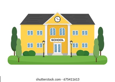School building with trees, shrubs and lampposts vector illustration. Can be used for web banner, backdrop. Layout template. Flat.