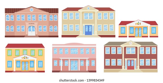 School Building, University, Kindergarten And College. Vector. Schoolhouse Front View. Facade Of Education Building. Set Architecture Icons Isolated On White Background. Cartoon Flat Illustration.