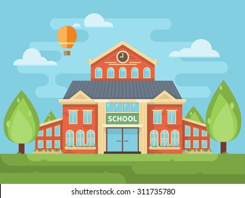 School building or university with landscape and sky. Back to school. Vector flat design illustration