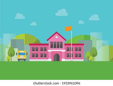 School Building With Urban Landscape In Background. Vector Illustration