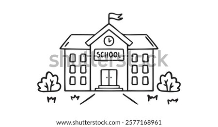 School building vector for coloring book doodle hand drawn icon. Outline drawing school building line clipart symbol. Vector illustration