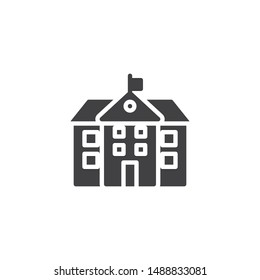 School building vector icon. filled flat sign for mobile concept and web design. College building with flag glyph icon. Symbol, logo illustration. Vector graphics