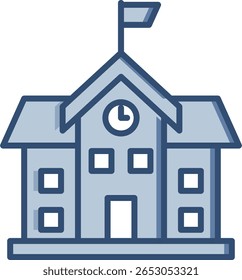 Ícone vetorial de edifício escolar com fundo transparente. Design de cor azul alterável.