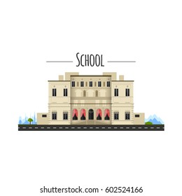 School building. Vector illustration. Architecture. Front view of school house in flat style. Isolated on white. Infographic element.
