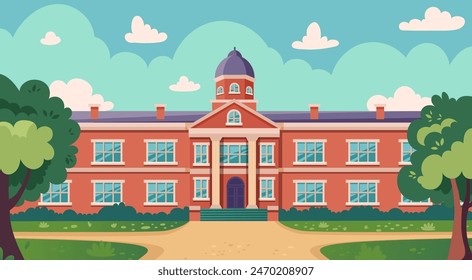 School building vector illustration. Cartoon style school with autumn or spring landscape, cityscape. Front yard with green trees,