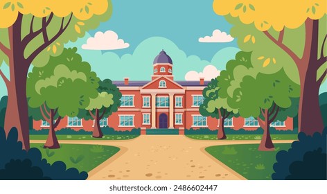 School building vector illustration. Cartoon style school with autumn or spring landscape, cityscape. Front yard with green trees,