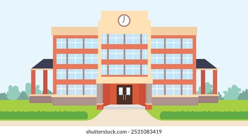 Ilustración vectorial de edificio escolar, dibujo de dibujos animados, escuela, educación, estudiantes