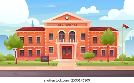 School building. Vector illustration of High school exterior with road, garden, flag, green plants and trees, cityscape. Back to school. Schoolhouse outside. Elementary children education, college