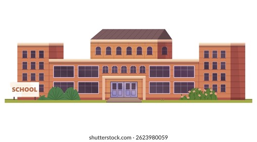 School building vector illustration. Public building facade exterior with entrance, windows, green lawn, and bushes with flowers. Educational facilities, services concept. 