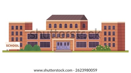 School building vector illustration. Public building facade exterior with entrance, windows, green lawn, and bushes with flowers. Educational facilities, services concept. 