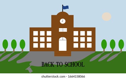 School building vector on green grass against sunny blue sky, vector for graphic design