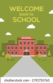 School building vector poster background. Welcome school education building campus cartoon