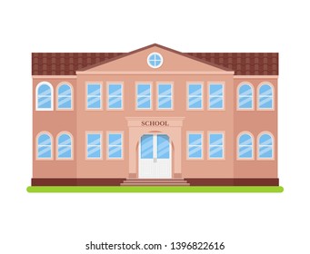 School building. Vector. Schoolhouse front view. Facade of education building. University, college icon isolated on white background. Cartoon flat illustration. Street architecture.