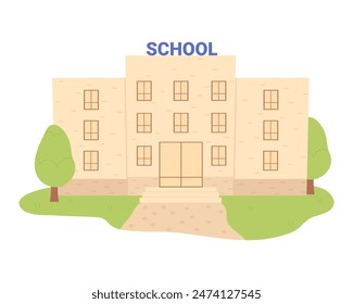 School building with windows and door entrance, road to house with green trees vector illustration