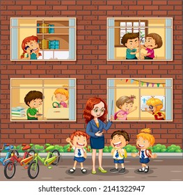 School building windows with students cartoon character illustration