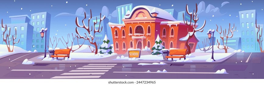 School building and yard covered with snow in winter. Cartoon vector city snowy outside landscape with education house, courtyard with trees and bench on pavement, road with crosswalk and sign.