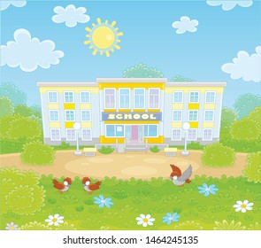 School building, a school yard and sparrows on a green lawn on a sunny day, vector illustration in a cartoon style
