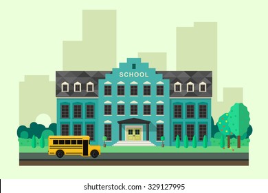 School building with school yellow bus in flat style. Vector education banner.