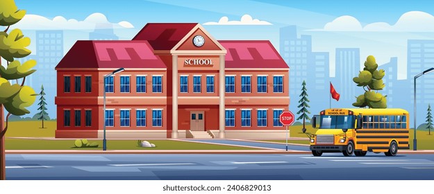 School building with yellow school bus on cityscape background vector cartoon illustration