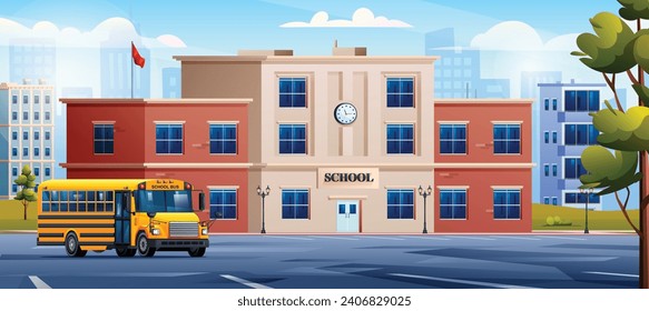 School building with yellow school bus on cityscape background. Vector cartoon illustration