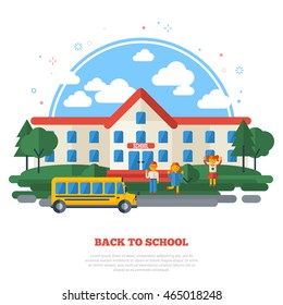 School Building, Yellow Bus on Road and Funny Kids in the Yard. Education Flat Style Concept Isolated on White. Vector Illustration. 