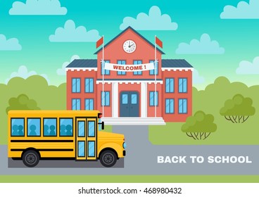 School building and yellow bus vector illustration. Welcome to school