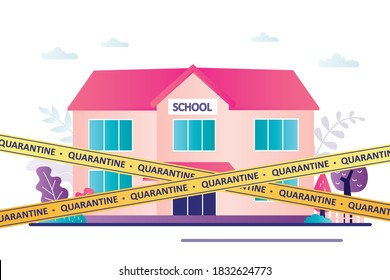 School building with yellow warning tapes. School closed for quarantine due to coronavirus pandemic. Distance education. Lockdown, covid-19 prevention. Trendy flat vector illustration