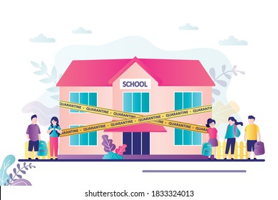 School building with yellow warning tapes. School closed, group of unhappy students with backpacks. Distance education. Lockdown, covid-19 prevention. Trendy flat vector illustration